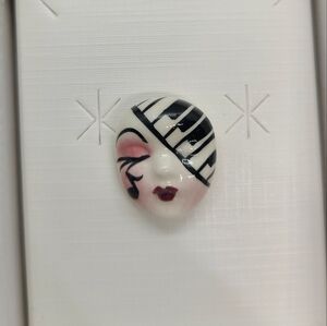 Vintage Fancy Faces Brooch Pin Handpainted Porcelain Mask Piano Music Note Face